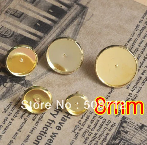 

Free shipping!!! EP085 500sets 8mm Gold Plated Stud Earring Blanks Base Tray Bezel Cameo Setting Post Bullet Stopper Back