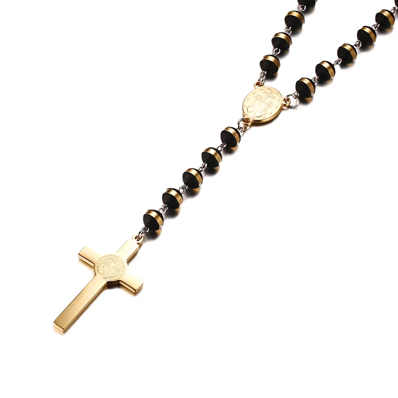 Meaeguet Black/Gold Color Long Rosary Necklace For Men Women Stainless Steel Bead Chain Cross Pendant Women\'s Men\'s Gift Jewelry