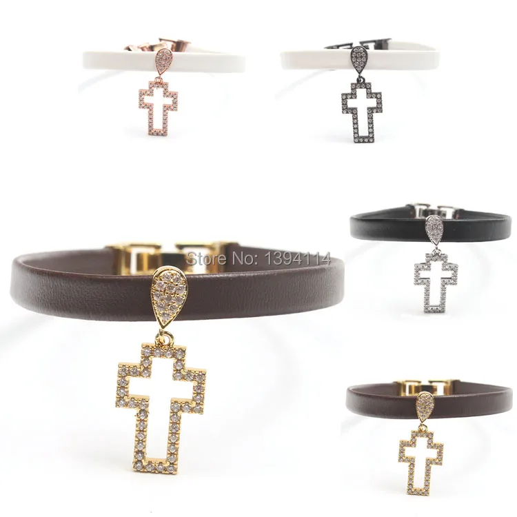 Micro Pave Clear CZ Cross Charm Bracelet Stringed Leather Cord Fold Over Clasp Approx 6-8 Inches