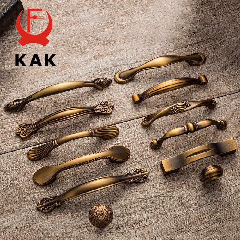 KAK Vintage Antique Yellow Bronze Cabinet Handles European Style Drawer Knobs Cupboard Wardrobe Door Handles Furniture Handles