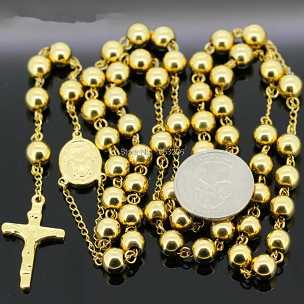 Gold Rosary Chain Heavy 8mm Solid Ball Pure Stainless Steel Crucifix Cross Necklace For Men 30''+5.5''