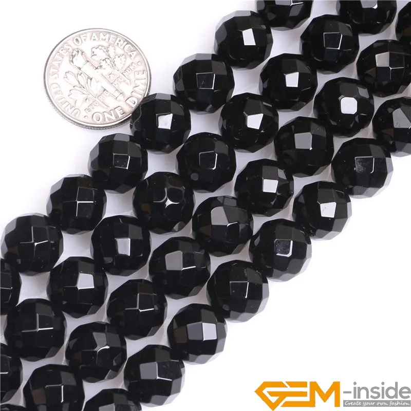 Round Faceted(32 Faces) AA Grade Black Agates Natural Stone DIY Beads For Jewelry Making Strand 15Inches