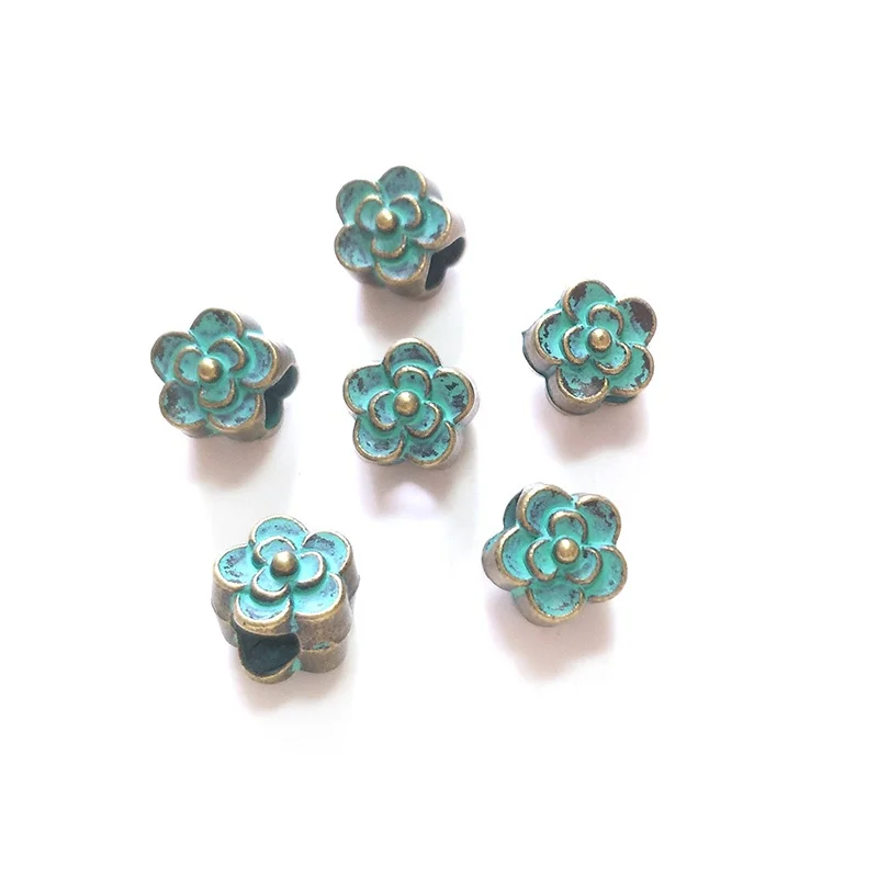 New Fashion 15pcs 9MM Zinc Alloy Green Round Flowers Big Hole Beads for DIY Bracelet Jewelry Accessories