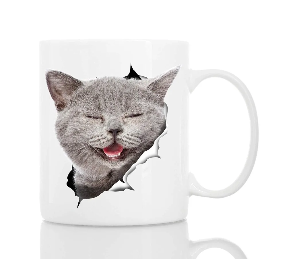 Laughing Grey Cat Coffee Mug - Ceramic Funny Coffee Mug - Perfect Cat Lover Gift - Cute Novelty Coffee Mug Present - Great Birth