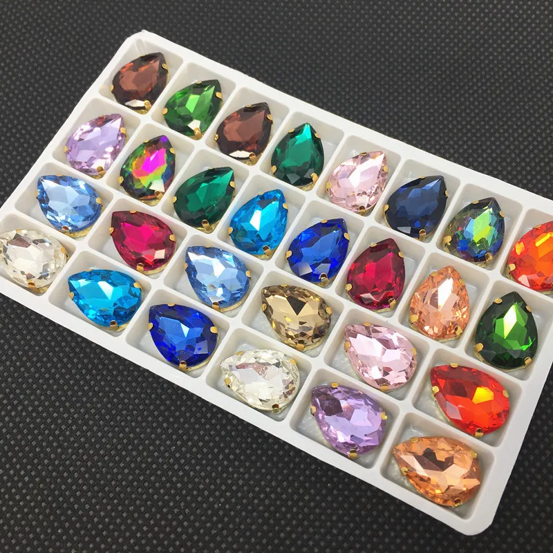 배 7x10,10x14,13x18,18x25,20x30mm 유리 크리스탈 골드 클로 다양한 색상 눈물 방울 바느질 라인 석 비즈 웨딩 드레스 diy