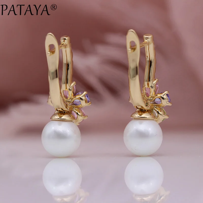 PATAYA New White Shell Pearls Dangle Earrings 585 Rose Gold Color Multicolor Drop Natural Zircon Women Wedding Fashion Jewelry