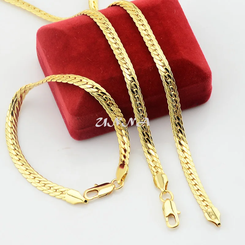 6mm Fashion Yellow White Gold Color Herringbone Snake Necklace Chains Bracelet Set Jewelry