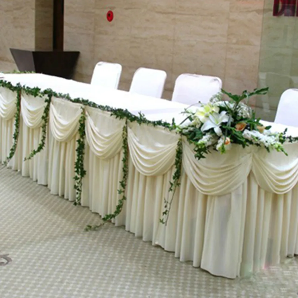 

Best Selling Table Cloth Cover 20ft (6M) White Ice Silk Solid Table Skirt with Swag for Wedding Decoration Table Skirting
