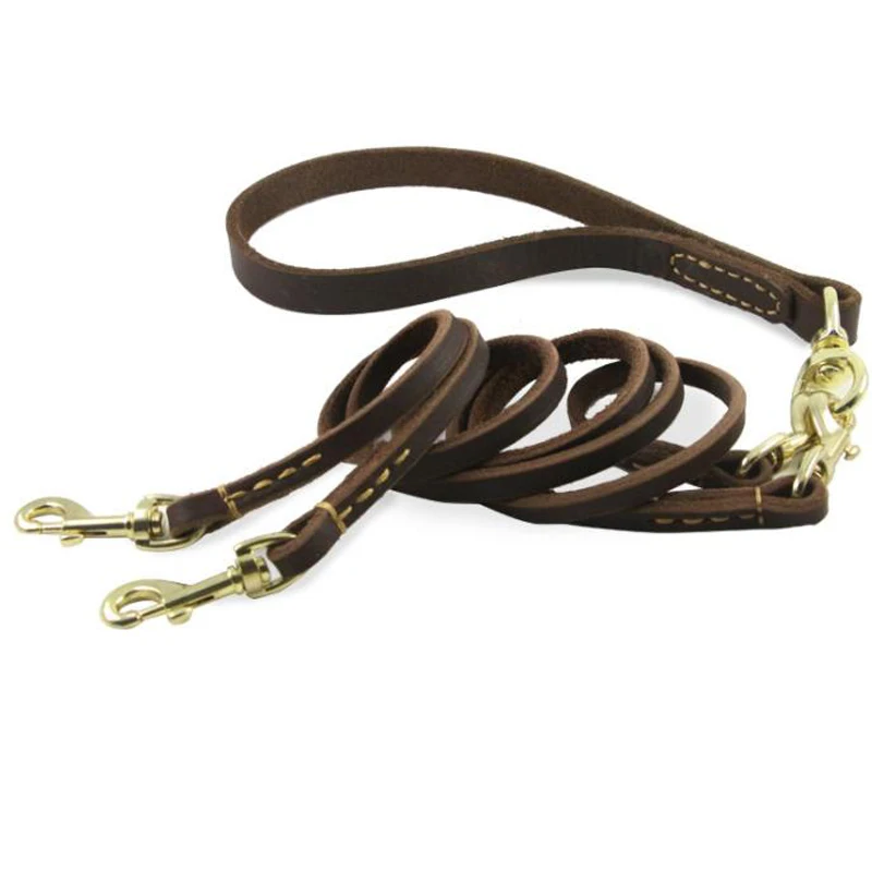 Leather Double Straps for Dogs Pet Dual Leash for 2 Dogs Small Medium Two Way Retraction Rope with Swivel Clasp