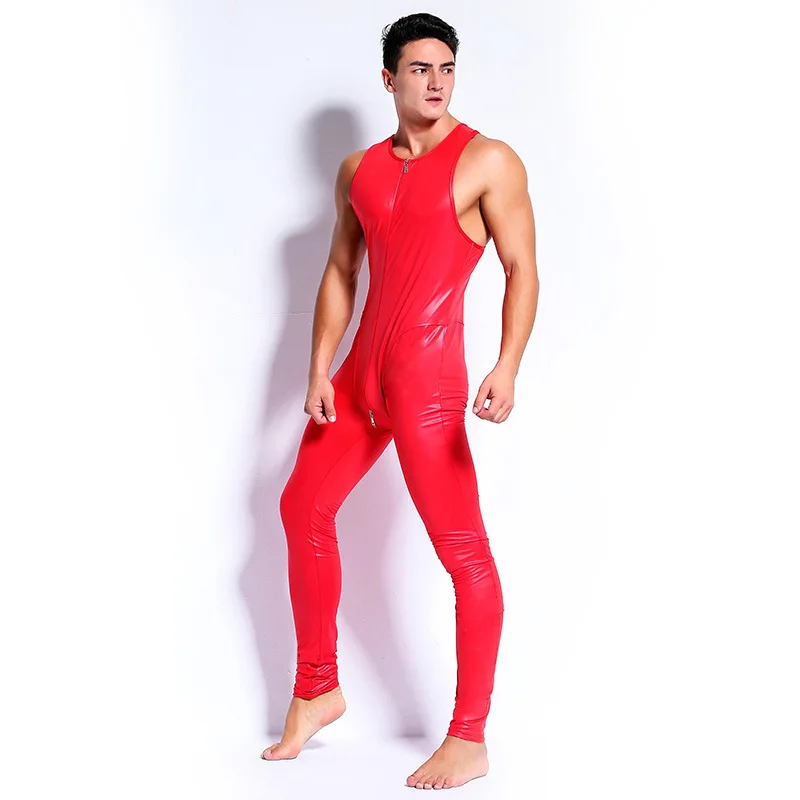 Men Sleeveless Leather Catsuit Bodysuit Black Red Shiny Two Ways Zipper Erotic Bodysuits Zentai Body Wear One Piece Jumpsuit XXL