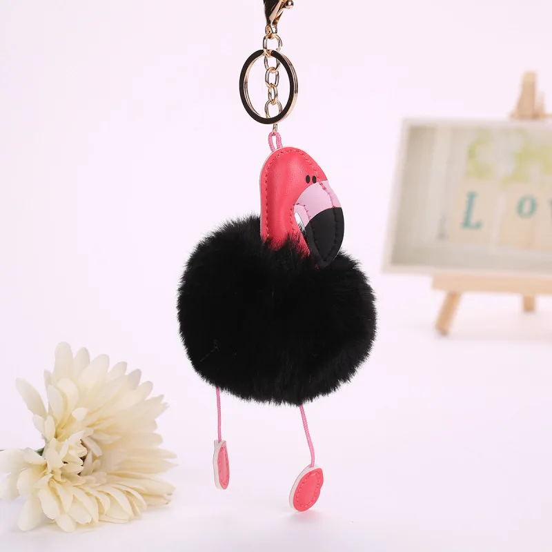 Original Pink Fluffy Pompom Flamingo Keychain Women Faux Rabbit Fur Ball Pompon Key Chain Car Bag  Pom Pom Key Rey Ring Holder