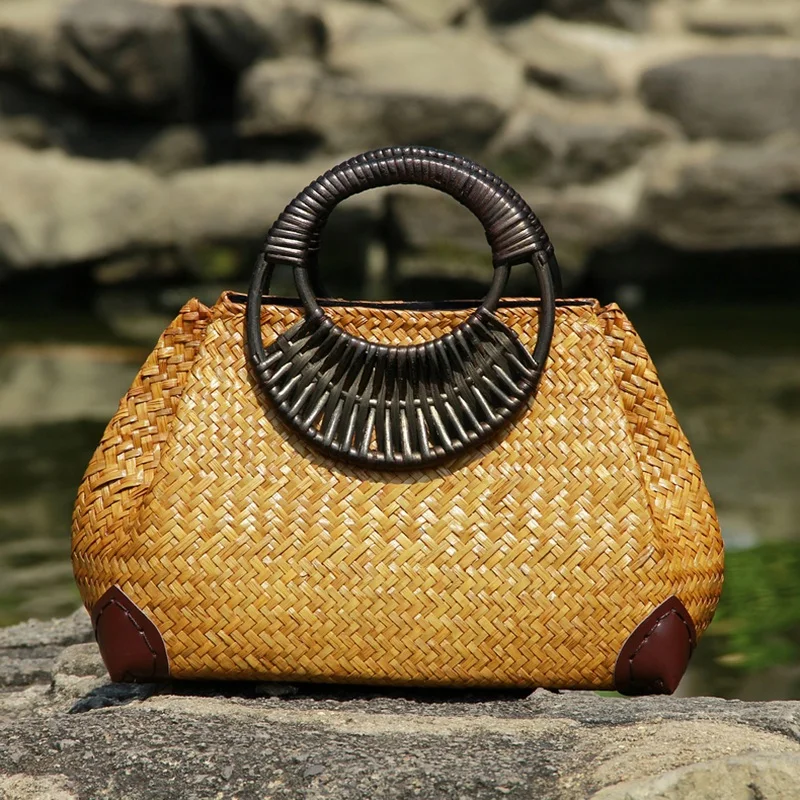 Women Straw Bags Female Bamboo Summer Beach Weave Handbag Lady Handmade Vintage Wood Handle Bag Travel Knitted Totes Bags