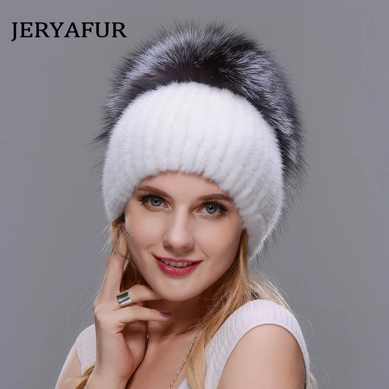 JERYAFUR New Style Fur Hat Knitting Wool Fashion Mink And Fox Fur Hat Winter Women\'s Trip Ski Cap Protects Ears