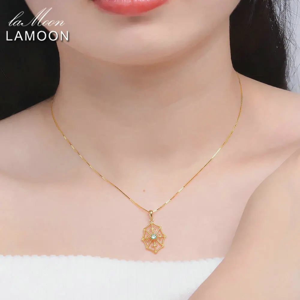 LAMOON Spider Web 3mm Round Cut Green Emerald Necklace 100% Real S925 Jewelry Box Chain+Pendant Necklace for Men Women LMNI035