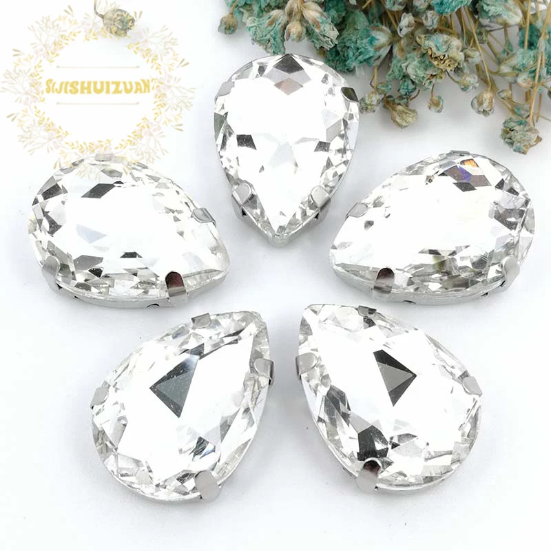 White Drop Shape Silver Claws Crystal Sew On Rhinestones With Four Claw DIY Glass Crystals Stones Clothes Wedding Dress