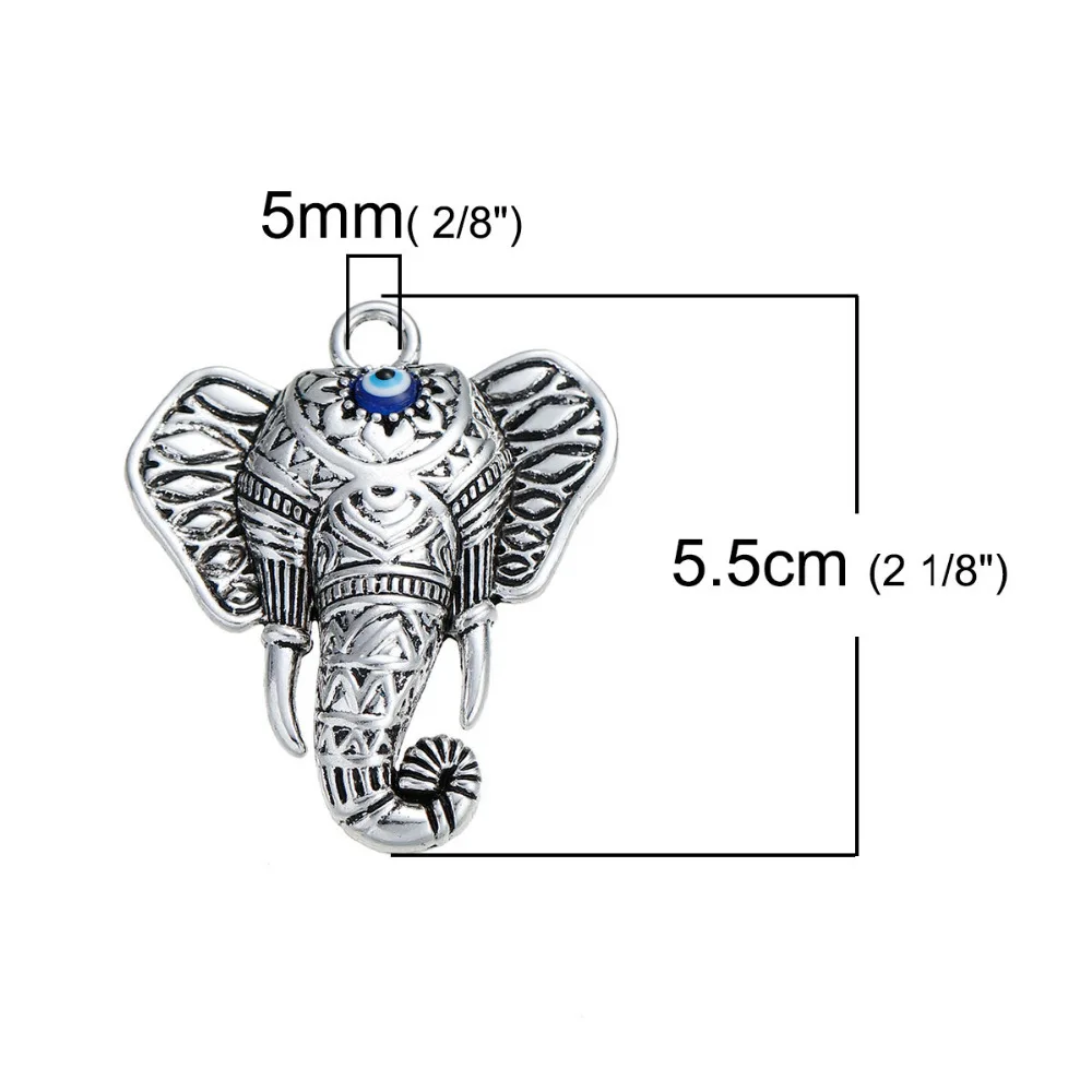 DoreenBeads Zinc Based Alloy silver color Pendants Elephant Head Evil Eye Enamel DIY 55mm x 47mm(1 7/8\