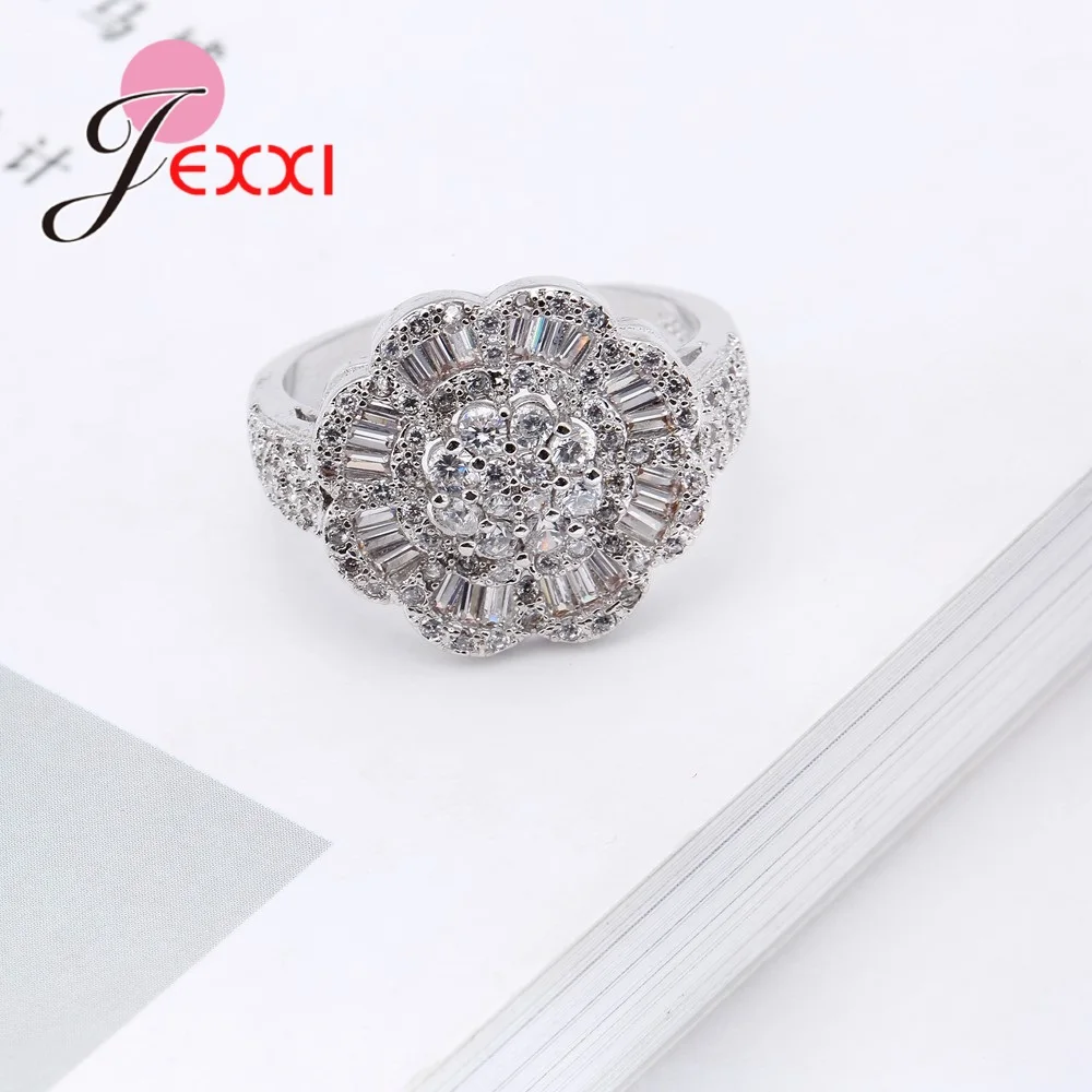 Anillos de flores brillantes exageradas para mujer, diamantes de imitación blancos completos, aguja de Plata de Ley 925, joyería nueva