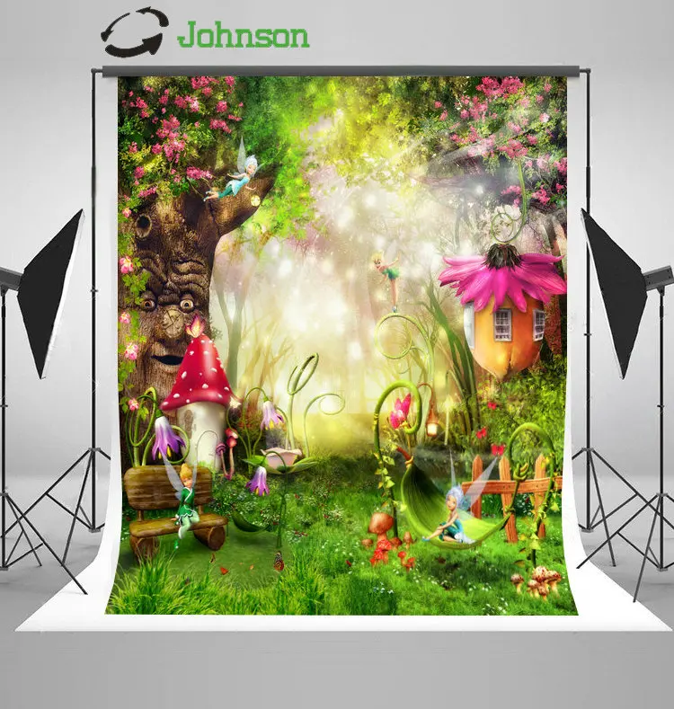 Enchanted Forest Flower Tree Elf Mushrooms Fence Cottage backdrop Vinyl cloth Computer print children kids background