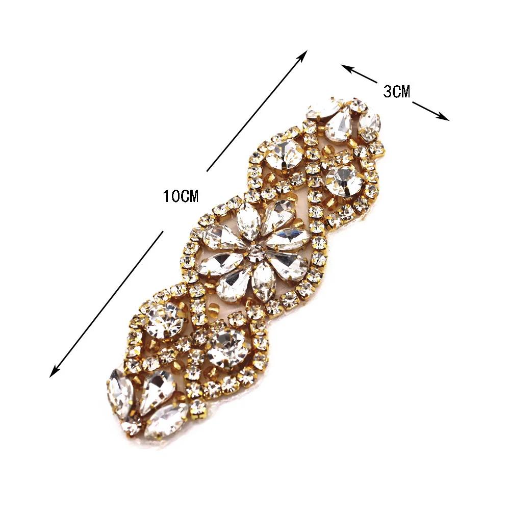 Handmade Gold Rhinestone patch for Evening Gown Dress Prom Bridal Wedding Dress Sash Belt Applique with Crystals