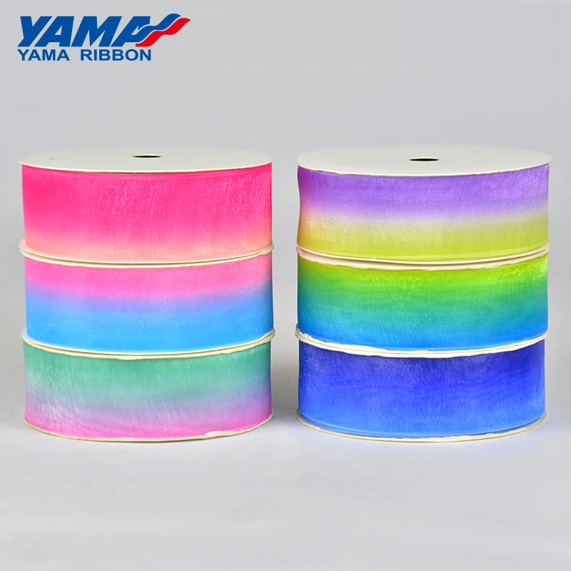 YAMA-Organza Ribbon for Crafts, Gradient Rainbow Color Printed Ribbon, Wedding Party Gift, DIY Decoration, 200Yards/Roll, 25mm