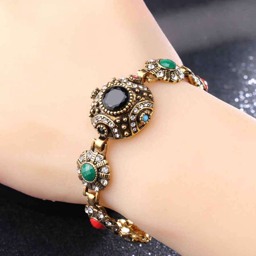 2021 Fashion Boho Bangles For Women Ancient Gold Color Unique Black Resin Bracelet Vintage Jewelry Crystal Gifts