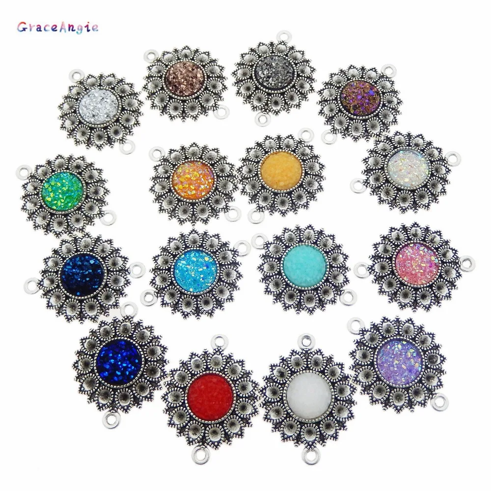 GraceAngie 10pcs 30*24mm Alloy Shiny babysbreath Flower Charm Faux Druzy Charms Connector Pendant Mixed for jewelry making