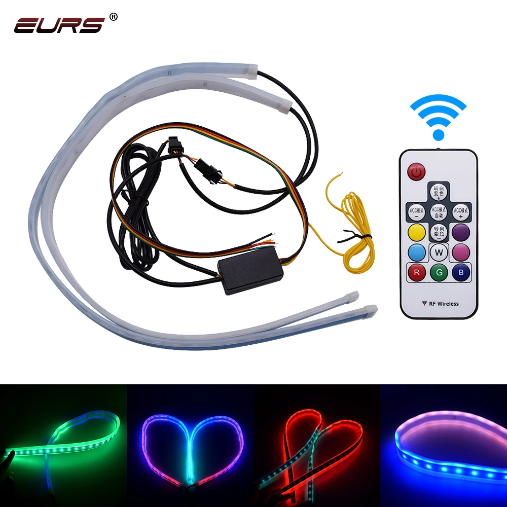 EURS Ultrafine 30cm 45cm 60cm Remote control DRL Flexible LED RGB Turn Signal Lamps Daytime Running Light Tear Strip Car Styling