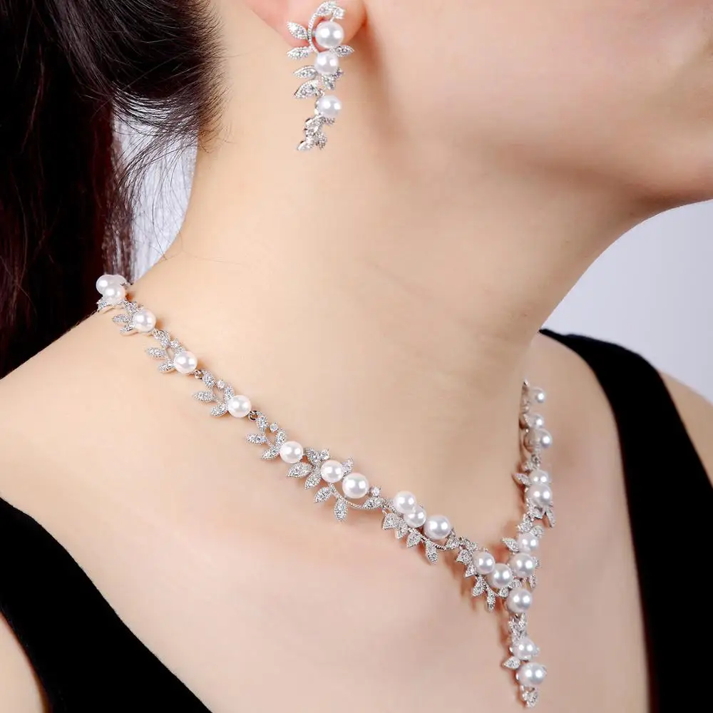 CZ Cubic Zirconia Pearls Bridal Wedding Leaves Necklace Earring Set Jewelry Sets for Women Prom Jewelry Accessories CN10250