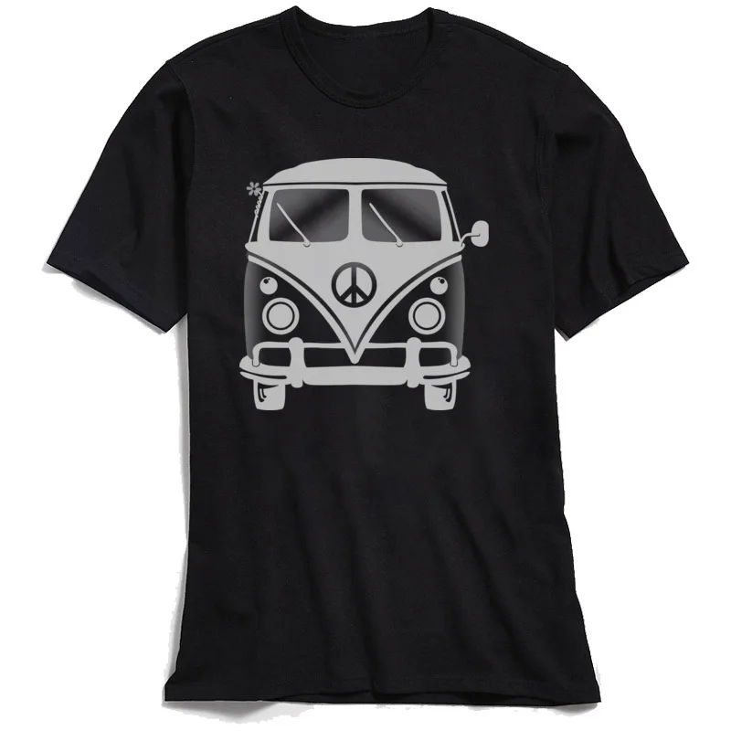 Classic Black T-shirt Men 80s Tshirt Hippie Peace Van Tops Tees for School Day Crew Neck 100% Cotton Short Sleeve T-Shirts