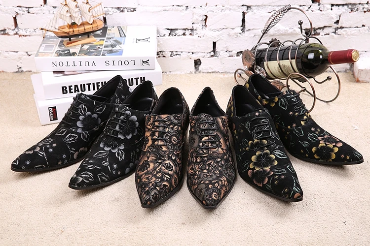 Italian mens shoes brands pointed toe dress shoes flowers printing genuine leather wedding shoes high heels designer shoes men