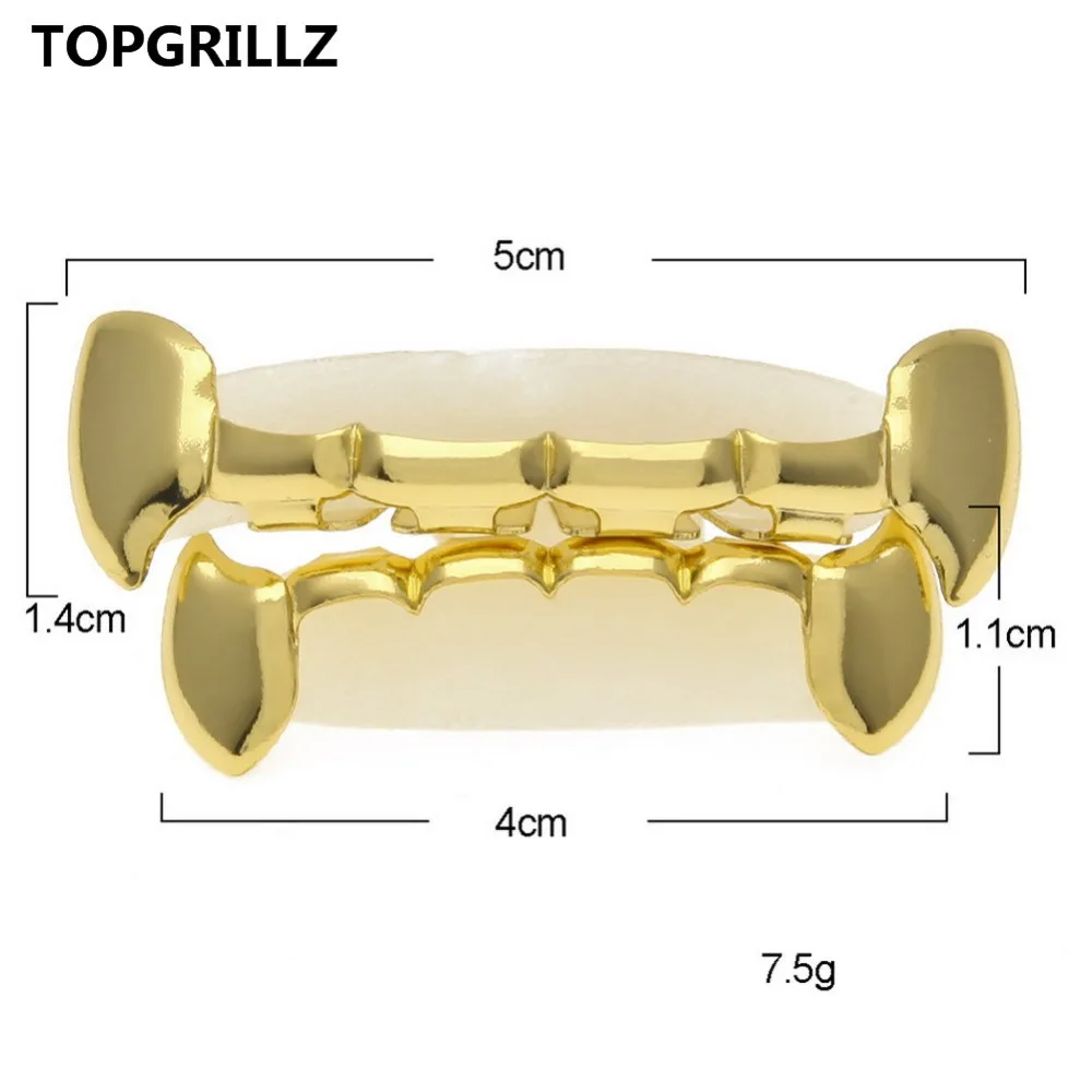 TOPGRILLZ Gold Fang Grillz Set Goldn Color Plated Half Teeth Dracula Vampire Slim Grills Gold Top&Bottom Sets Hiphop Gold grillz