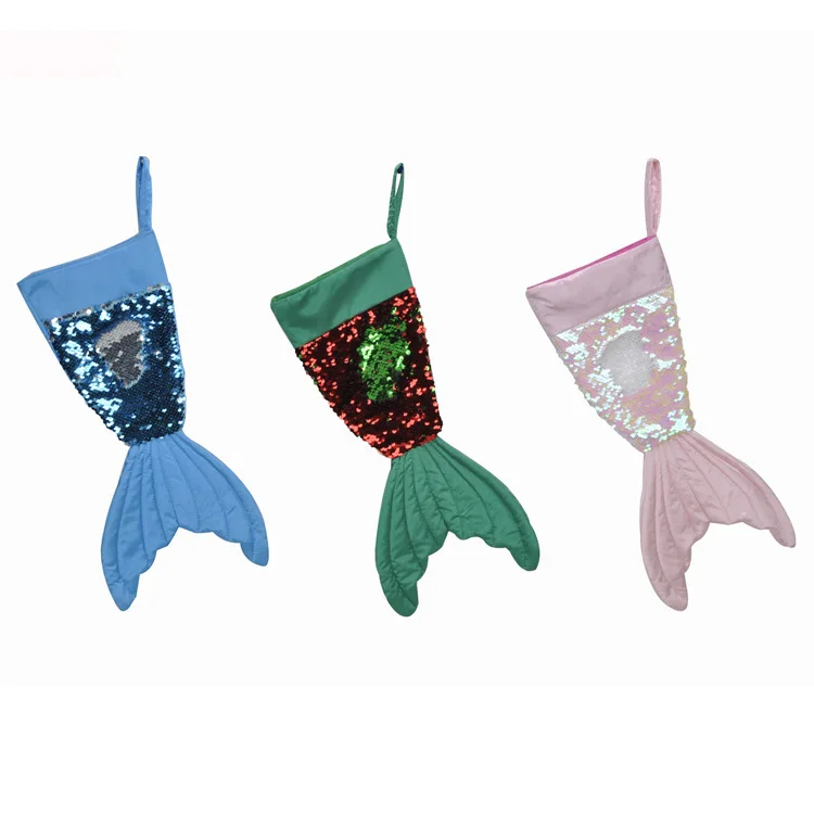 

200pcs/lot 3 colors Christmas mermaid tail stockings kids candy bag sequins double side indoor & outdoor decoration lin3701