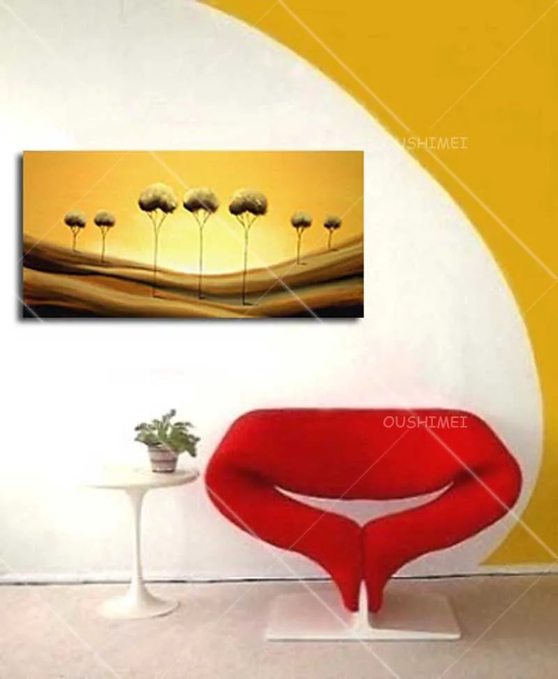 Hand-painted Golden Desert Sky Grow Beautiful Heart Shape Pure Oil Painting on Canvas Tree for Home Decor Hang Pictures