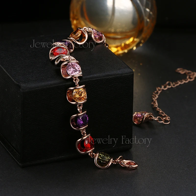 Emmaya Luxury   Rose Gold Color Chain Bracelets for Women Ladies Shining Colorful AAA Cubic Zircon Crystal Jewelry