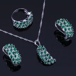 Adorable Green Cubic Zirconia Silver Plated Jewelry Sets Earrings Pendant Nacklace Chain Ring V0304