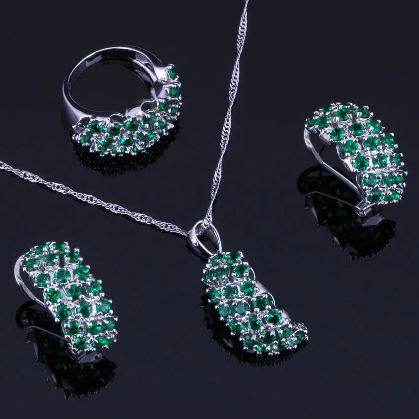 Adorable Green Cubic Zirconia Silver Plated Jewelry Sets Earrings Pendant Chain Ring V0304