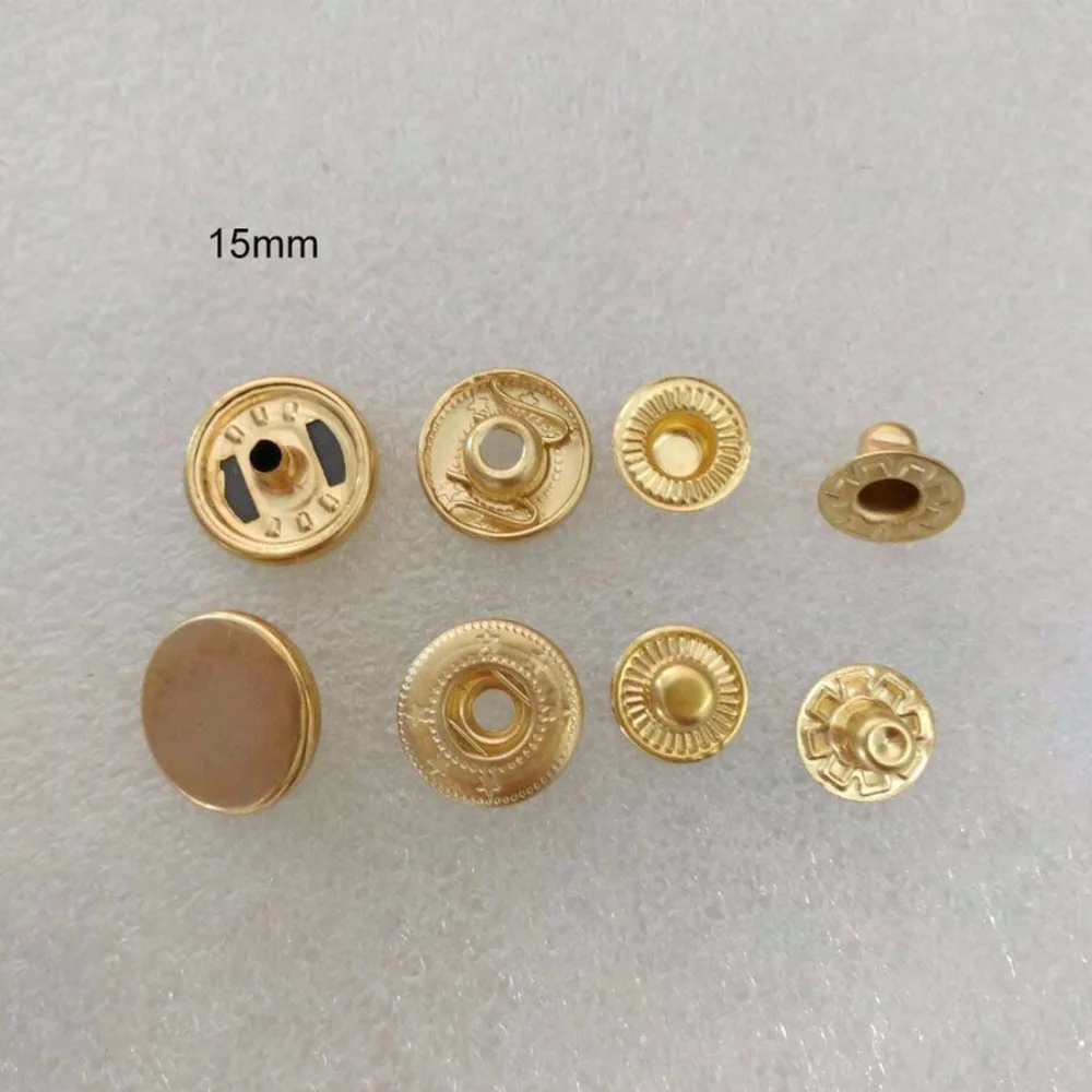 Wholesale 100sets/lot 10mm 12.5mm 15mm  four part brass metal button spring snap button snap fasteners light gold 2017101802