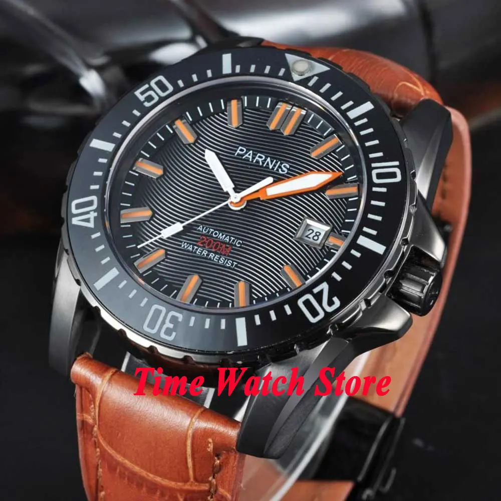 Imagem -02 - Parnis 43 mm Diver Miyota Relógio Automático Masculino Vidro de Safira Mostrador Preto Pvd Revestido Case Janela Data Moldura Cerâmica Pulseira de Couro