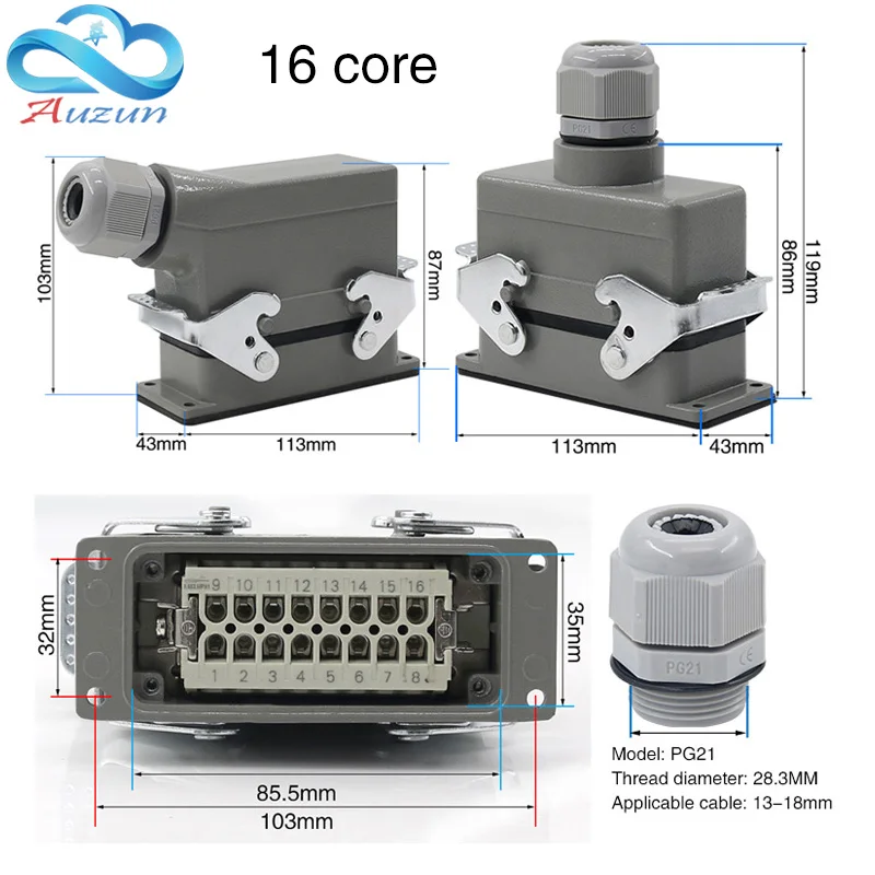 Conector resistente retangular, plugue impermeável da aviação, linha superior e lateral conector, HDC-HE4, 6, 10, 16, 20, 24, 32, 48 Pin do núcleo,