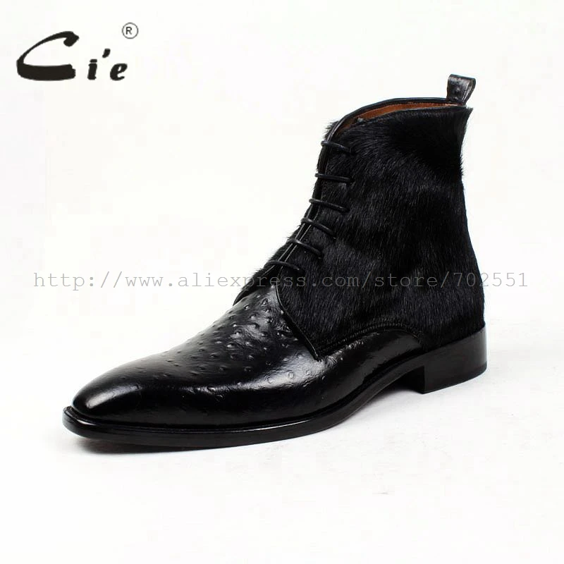 cie Free Shipping Handmade Horse Hair/Empossed Ostrich Calf Leather Outsole Buttom Breathable Color Black Men Leather Boots A86