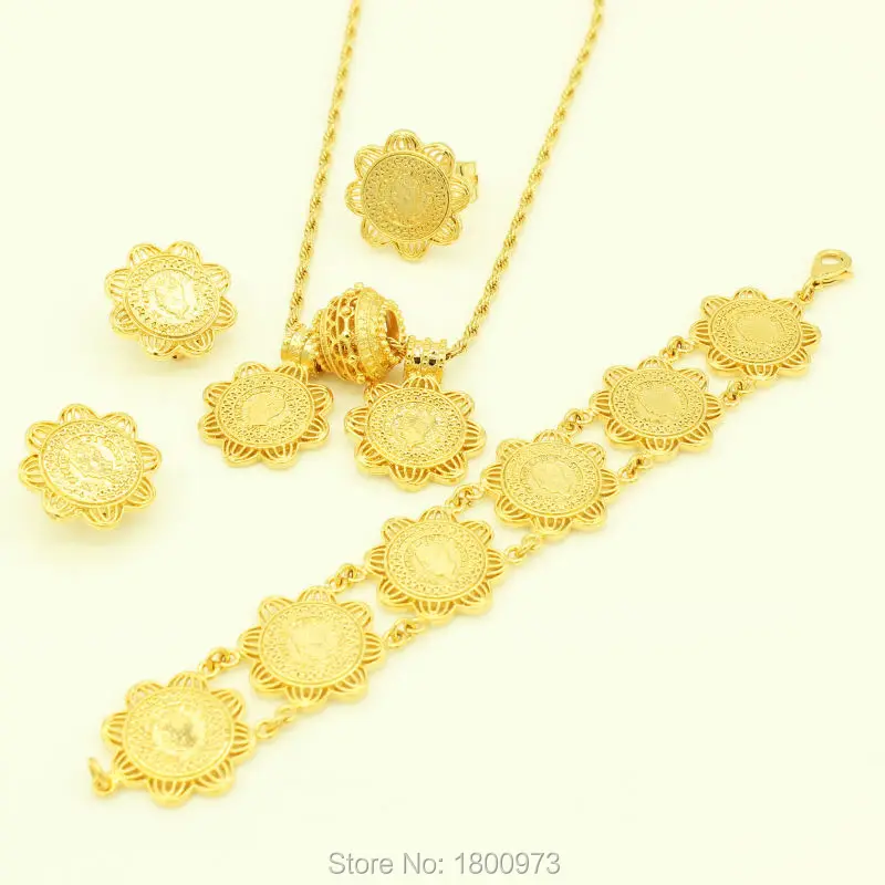 

Newest Ethiopian Coin Jewelry Sets 24K Gold Color Pendant/Necklace/Earrings/Ring/Bracelet Women Wedding Items