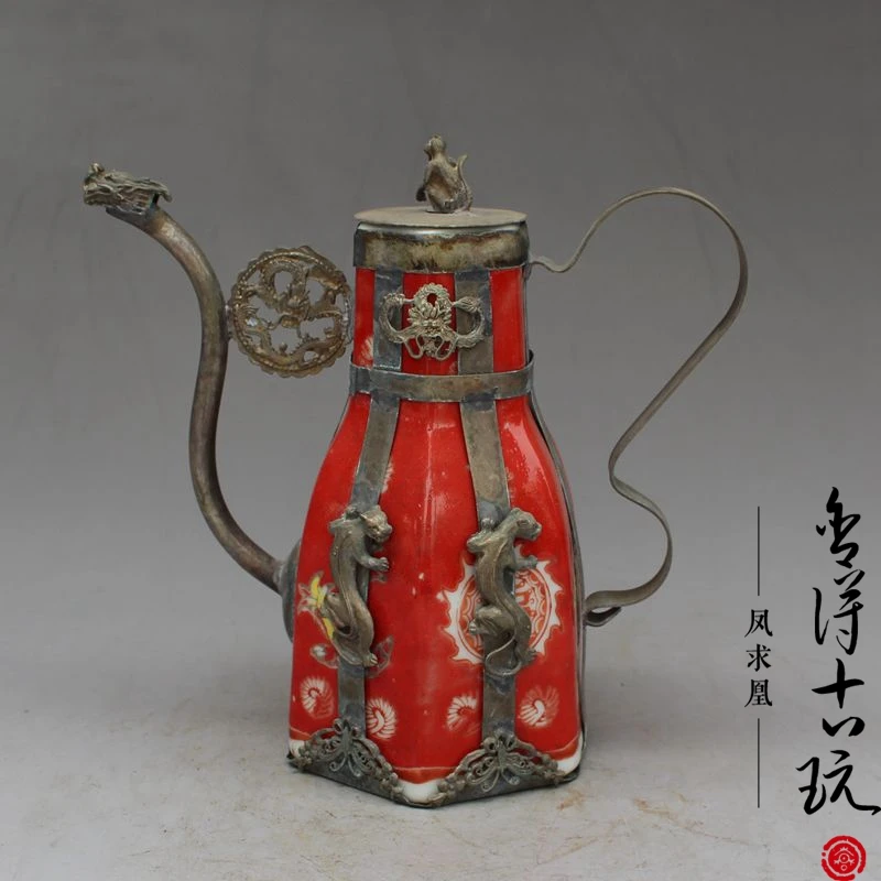 

Pretty Tibetan Porcelain Tibet Silver Butterfly TeaPot Garden Decoration 100% real Tibetan Silver Brass