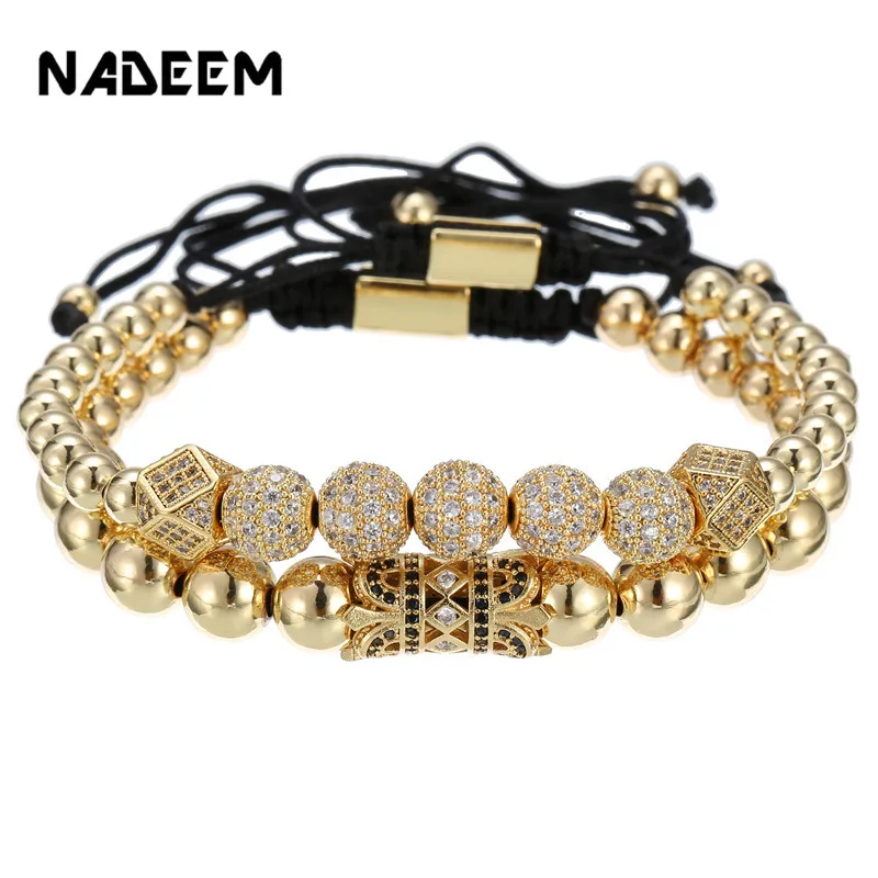 Copper Beads Couple Bracelet Sets Men Jewelry Braiding Macrame 2Pcs/Sets Pave CZ Tube Ball Charms Bracelets For Women Pulseira