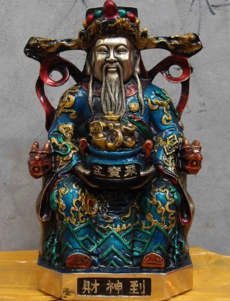 

10 Chinese Folk Temple White Copper Silver Painted God of wealth Buddha Statue