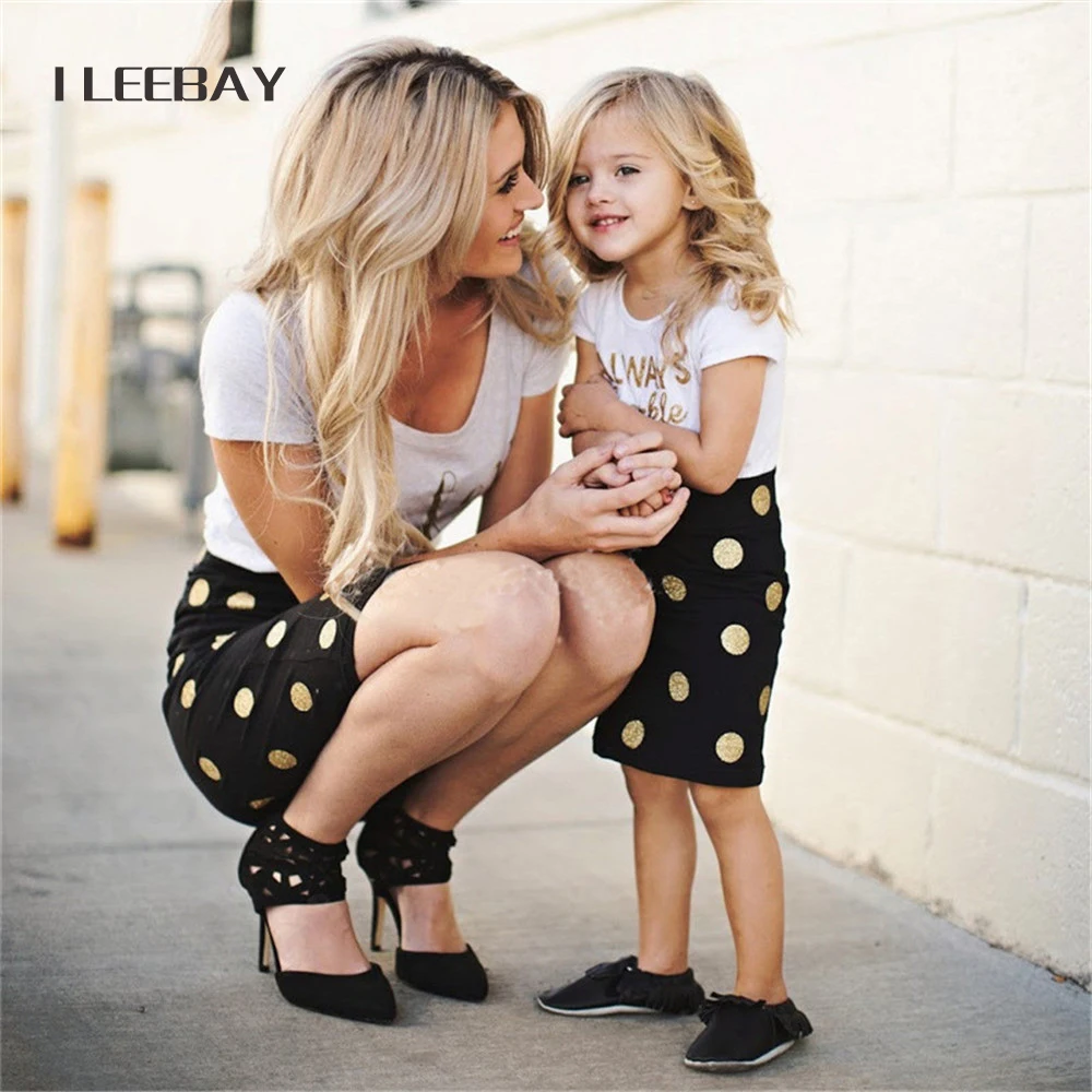 Summer New Family Matching Outfits Mother and Daughter Clothes Sets 2pcs Letter Print T-shirt Tops+Polka Pot Skirt Costume Suits