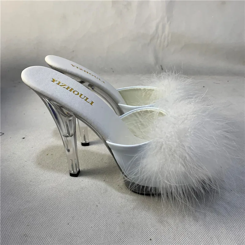 High Heels 13CM Stripper Shoes Plump Feathered Crystal Shoes Hot Sexy Platform Women\'s Sandals