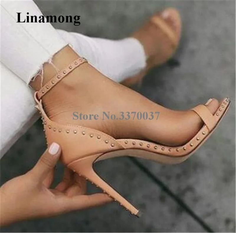 Women Summer Hottest Fashion Open Toe One Strap Rivet Stiletto Heel Sandals Simple Style Ankle Strap High Heel Sandals