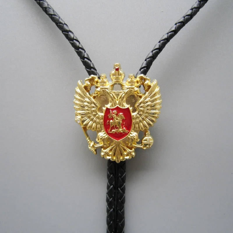 Gold Plated Russian Double Headed Empire Eagle Rhinestone Bolo Tie Leather Necklace Neck Tie