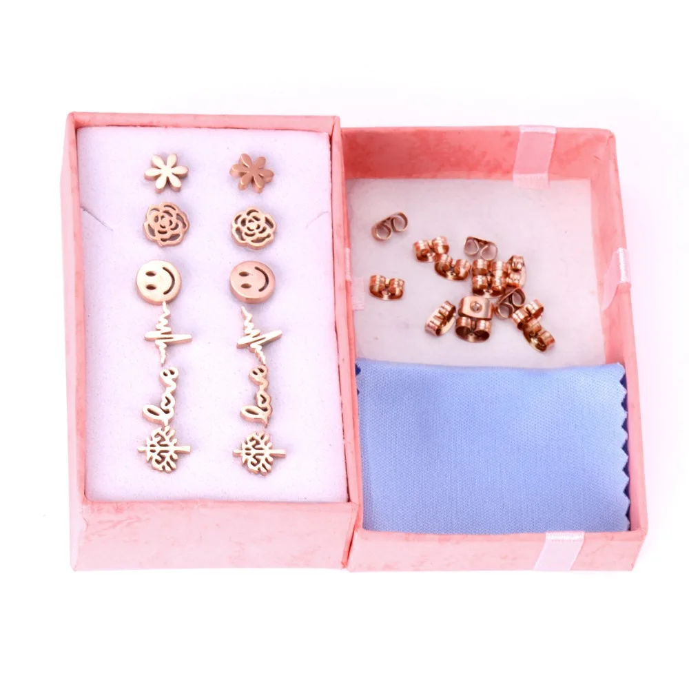 LUXUSTEEL Christmas Stud Earrings Stainless Steel Rose Gold Color Tree/Flower/Smile/Love/Beat Linghting 6Pairs/Boxes Earring Set