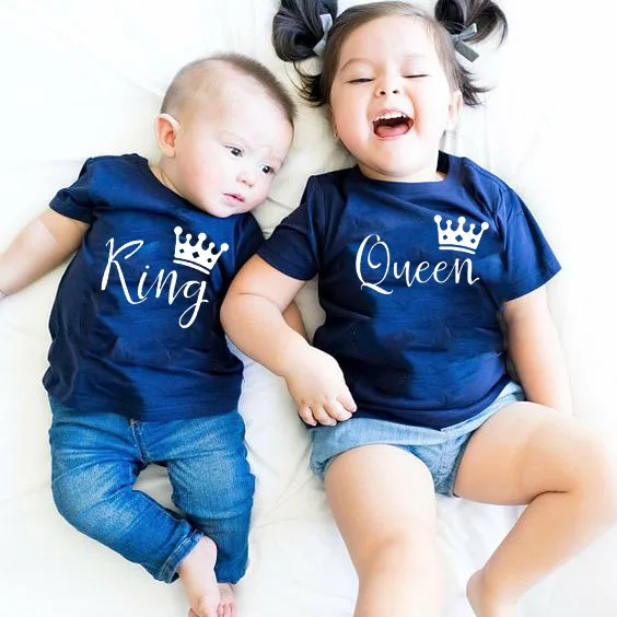 1pcs Fashionable Summer New Baby Short Sleeve KING QUEEN Letters Pattern Brothers Sisters Tee Shirts Tops Short Sleeve Wear